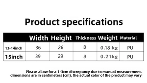 Size guide for PU laptop sleeve with 13-15 inch dimensions and weight specifications