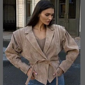 Chic khaki faux suede moto jacket with lapel collar and belted waist for women