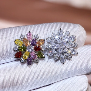 Luxurious sunflower double-layer stud earrings with colorful and white zircon crystals