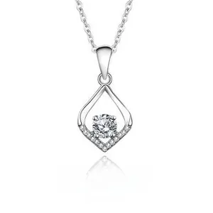 Macro shot of S925 sterling silver rhombus pendant with moissanite center stone and halo