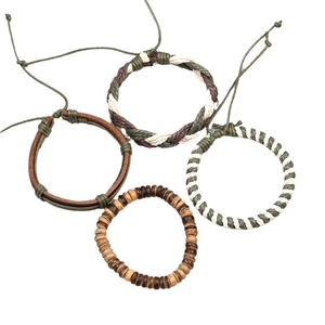 Set of 4 woven leather and wood bead bracelets in bohemian ethnic style for men