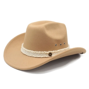 Classic khaki western cowboy hat with wide brim, frayed band and metal M logo detail
