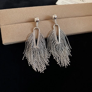 Detailed shot of silver tassel drop earrings with delicate bead chains on a jewelry box