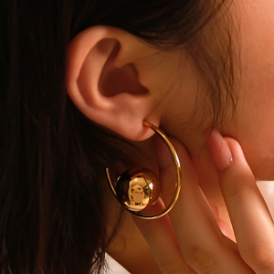 Stainless Steel Earrings C-Shape Round Ball Hollow Geometric Jewelry Exaggerated Ins Style For Women 18K Gold Plated