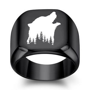 Punk style black stainless steel square signet ring featuring laser engraved wolf and forest