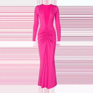 Detail of deep V-neckline and waist gathering ruched design on rose pink long dress