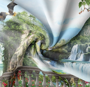 Detail showing the fine fabric texture and sharp digital print of nature scenery tapestry