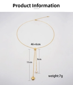 Detailed view of gold heart pearl Y-necklace showing adjustable size 46+6cm and 7g weight