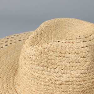 Elegant wide brim raffia straw fedora hat for women with natural woven texture design