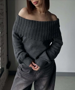 Detail of grey off-shoulder knit sweater showing thick texture and ribbed collar
