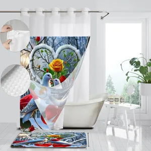 Detail view of the floral shower curtain and bath mat set with All is Love print