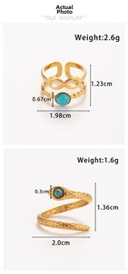 Detail of adjustable gold-plated stainless steel rings with turquoise inlay and snake texture