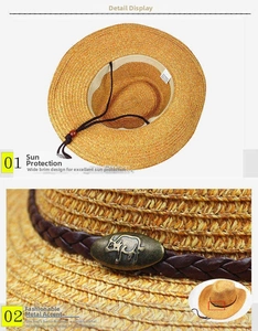 Vue détaillée d'un chapeau de cowboy en paille avec boucle en métal et cordon de serrage