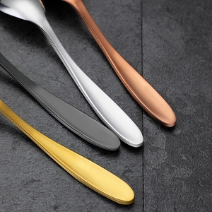 304 stainless steel dessert spoons in silver, rose gold, dark grey, and gold finishes