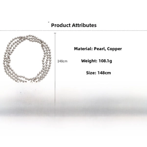Detailed view showing a 148cm long pearl necklace with precise weight and size dimensions