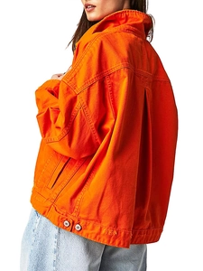 Vibrant orange oversized denim jacket with drop shoulder and utility style casual fit