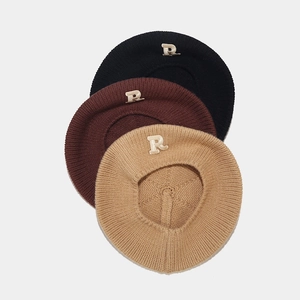 Chic knit beret hat with R-letter embroidery in black, brown, and beige for autumn winter