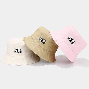 White khaki and pink cotton bucket hats featuring cute panda embroidery for women