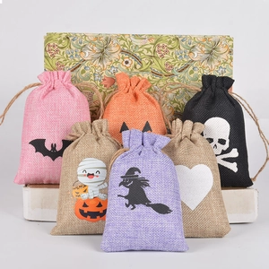 Halloween Burlap Drawstring Gift Bags Linen Candy Pouch Pumpkin Skull Bat Spider Pattern Party Favor Storage Reusable