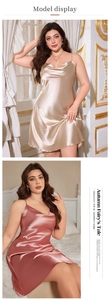 Detail view of satin sleepwear dress with delicate V-neck and slim adjustable straps