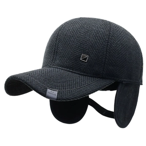 Men's winter wool baseball cap with ear flaps in dark grey herringbone pattern
