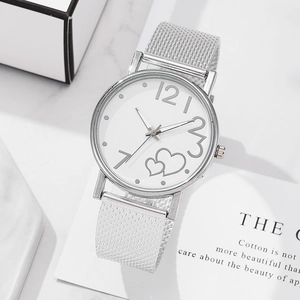 Women Fashion Quartz Watch Alloy Case Stainless Steel Mesh Strap Heart Pattern Dial Casual Dress Wristwatch For Ladies Gift
