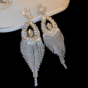 Luxury silver tassel drop earrings with sparkling rhinestones for evening wear
