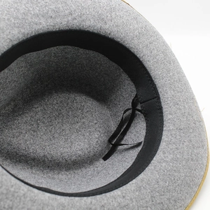 Detail of adjustable sweatband and wool blend interior on a gray wide brim jazz hat