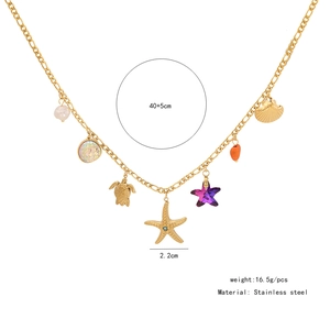 Detail view of stainless steel ocean necklace with starfish and turtle pendants and size info