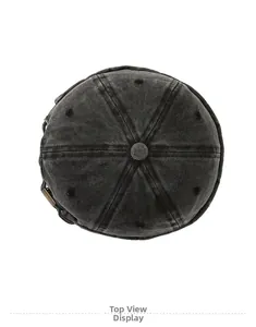 Top view of washed black denim docker hat with six-panel structure and fabric button