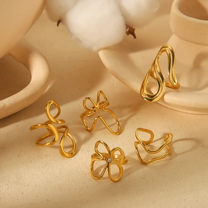 Geometric Abstract Line Rings Stainless Steel Gold Plated Adjustable Open Finger Ring Jewelry For Women Ins Style Elegant