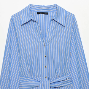 Blue and white striped long-sleeve shirt dress with golden buttons and waist tie