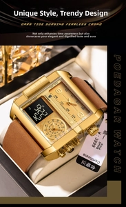 Macro view of gold square watch case with leather strap and digital-analog dual time display