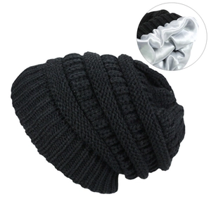 Lazy winter black knit beanie with silver satin lining for hair protection and warmth