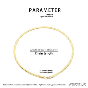 Detail view of 4mm gold flat snake chain necklace with dimensions and lobster clasp