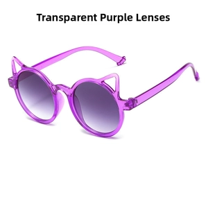 Detail view of transparent purple cat-ear sunglasses with gradient purple lenses for kids