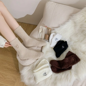 Women Winter Thick Warm Plush Mid-Calf Socks Heart Embroidery Cozy Faux Mink Fleece Home Floor Sleeping