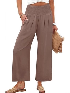 Pantalon femme taille haute à jambe large marron foncé avec ceinture élastique froncée