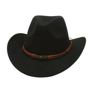 Close-up of black wool felt cowboy hat with braided leather band and antique metal buckle
