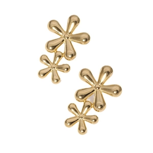 Elegant gold stainless steel double flower earrings on a clean white background