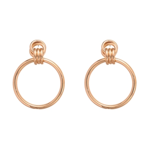 Minimalist geometric circle drop earrings in rose gold with a woven metal top design