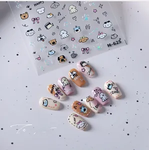 Macro view of M-625 laser cartoon nail stickers with cute animal and ribbon designs