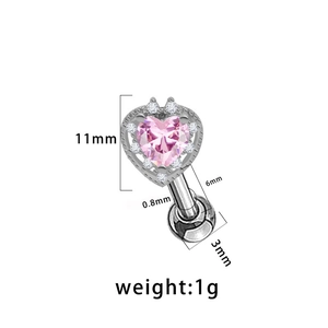 Pink heart zirconia cartilage stud earring in silver surgical steel with 11mm face detail