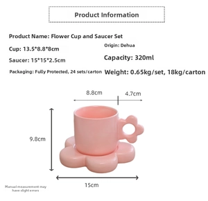 Detailed size specifications for pink flower ceramic mug and petal saucer set