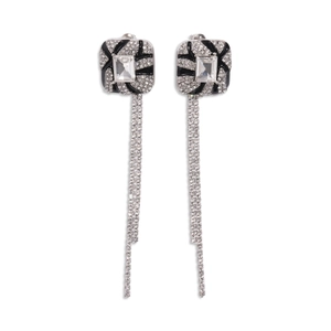 Elegant square stud earrings with silver needle, black inlay and long crystal tassels