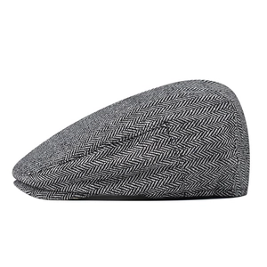 Classic men's charcoal grey herringbone newsboy cap with refined woven texture and profile
