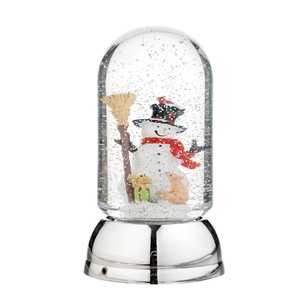 Christmas snowman snow globe with silver metal base and miniature animal figures