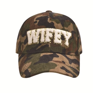 Detail of WIFEY letter embroidery with golden glitter trim on camouflage baseball cap