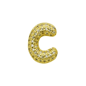 Macro detail of gold-plated 3D bubble letter C charm with sparkling crystal pave setting