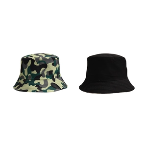 Comparison of camouflage and black bucket hats showing durable outdoor stitching details